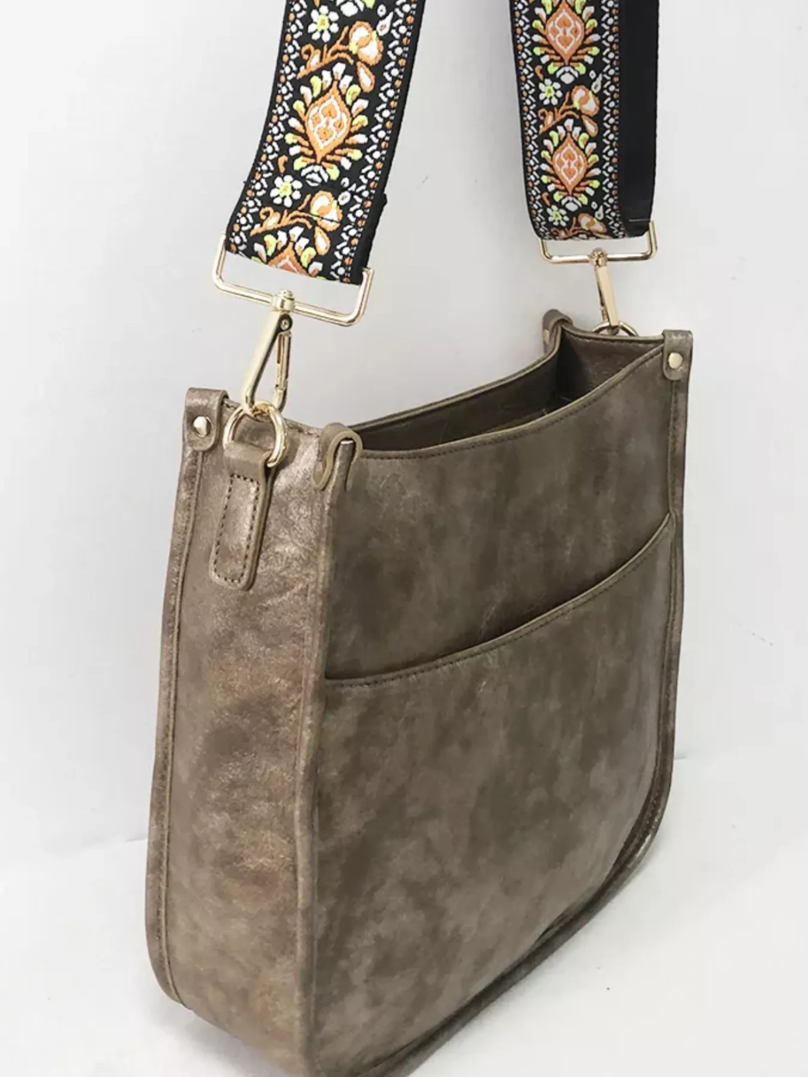 Vegan Leather Messenger Bag w/ Multi Abstract Strap - Assorted Colors