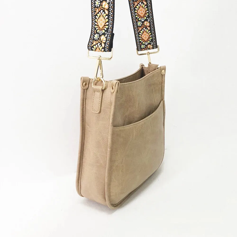 Vegan Leather Messenger Bag w/ Multi Abstract Strap - Assorted Colors