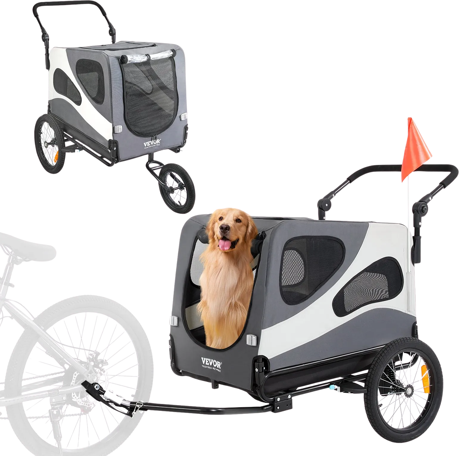 Vevor Dog Bike Trailer 100 lbs. Capacity 2-in-1 Pet Bicycle Stroller Folding Black/Gray New