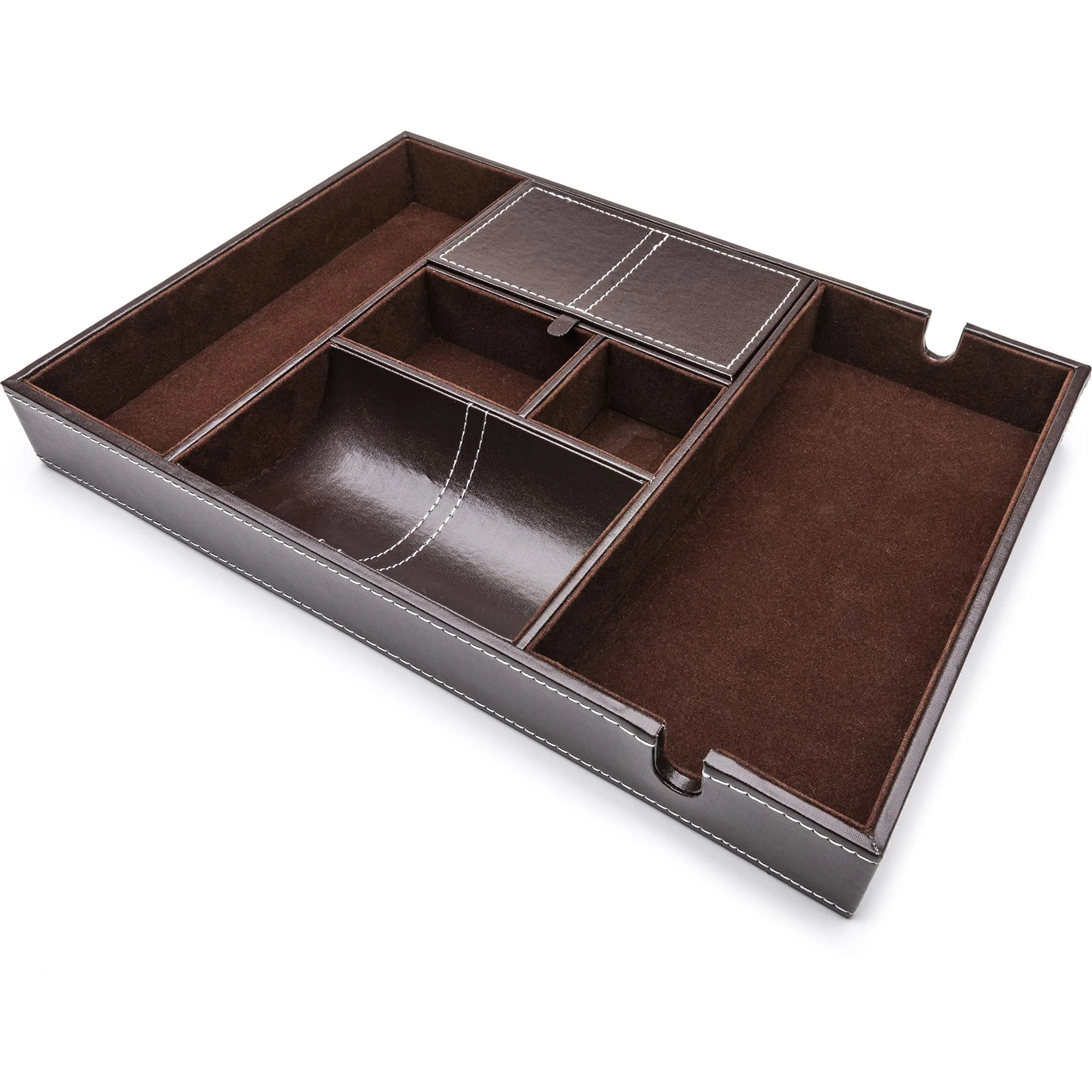 West End Warehouse Valet Tray for Men, EDC Tray, Nightstand Organizer, Table Organizer, Charging Station, Catch All, Dresser Tray, Dark Brown Faux Leather, 6 Compartments