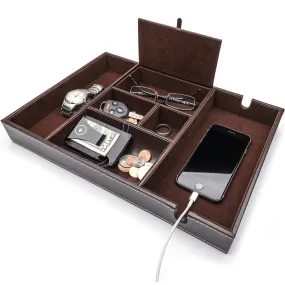 West End Warehouse Valet Tray for Men, EDC Tray, Nightstand Organizer, Table Organizer, Charging Station, Catch All, Dresser Tray, Dark Brown Faux Leather, 6 Compartments