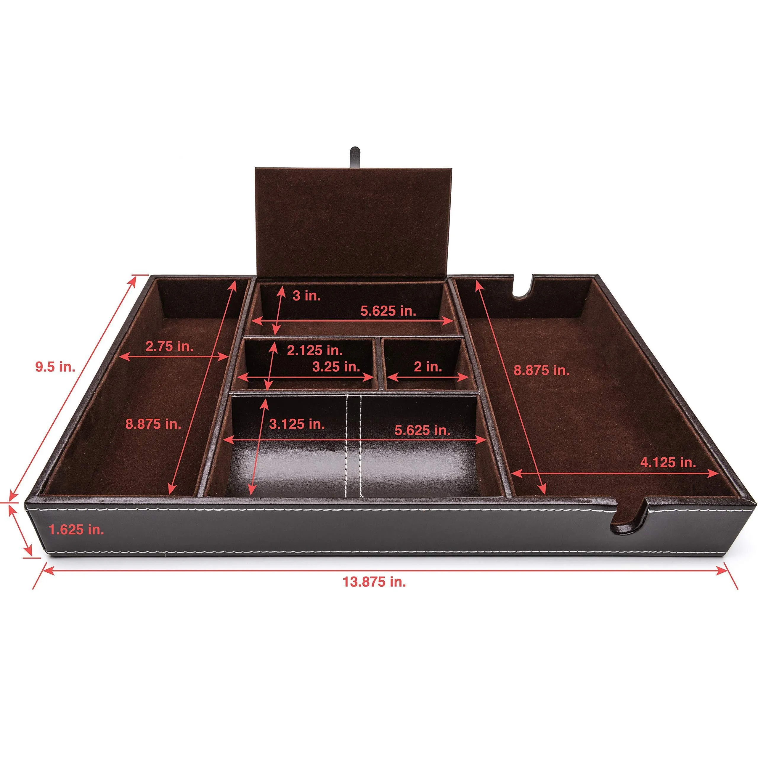 West End Warehouse Valet Tray for Men, EDC Tray, Nightstand Organizer, Table Organizer, Charging Station, Catch All, Dresser Tray, Dark Brown Faux Leather, 6 Compartments