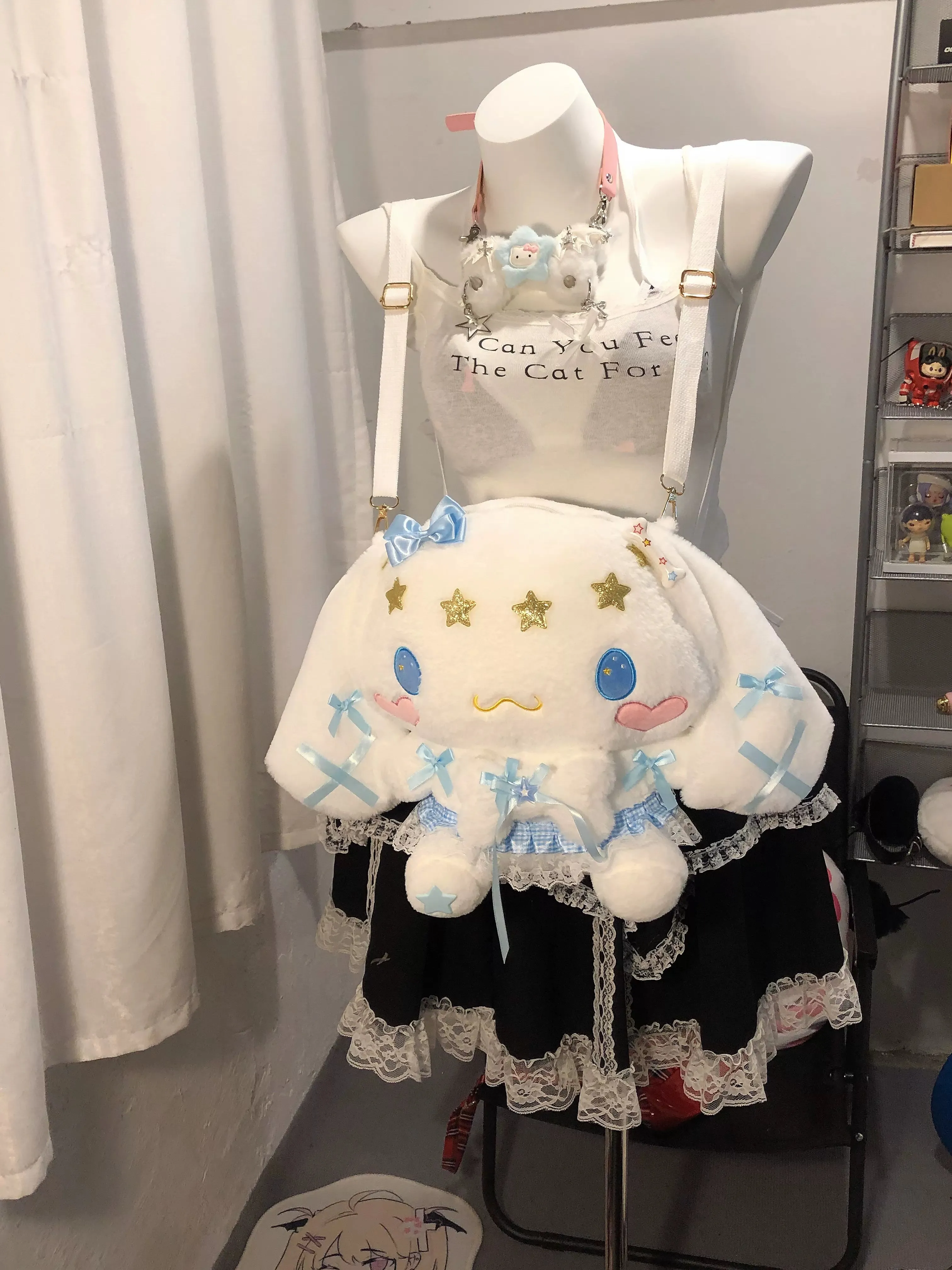 White Blue Cinnamon Dog Y2K Lace School Backpack Doll Bag