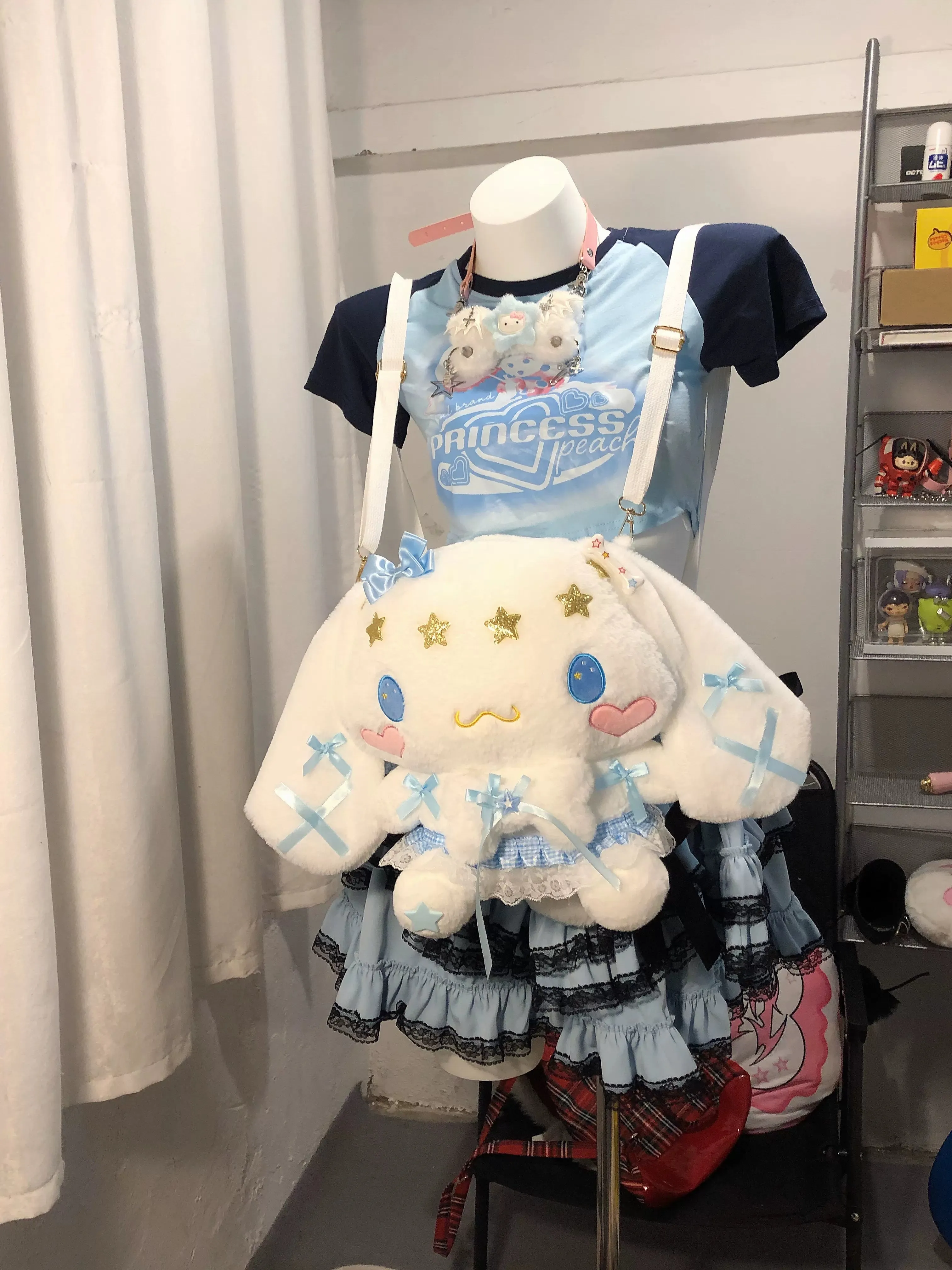 White Blue Cinnamon Dog Y2K Lace School Backpack Doll Bag