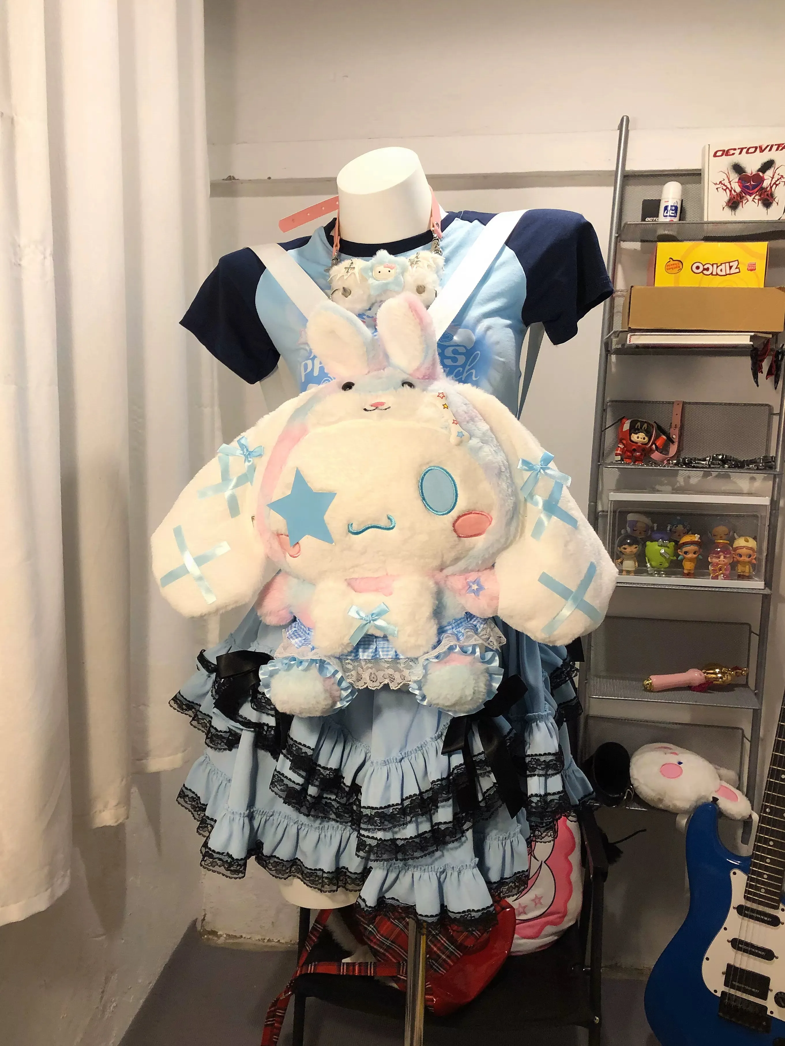 White Blue Cinnamon Dog Y2K Lace School Backpack Doll Bag