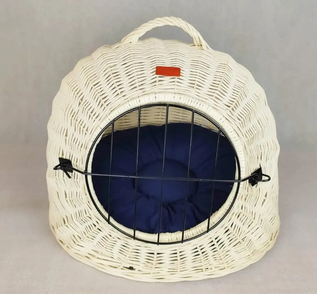 White wicker cat carrier