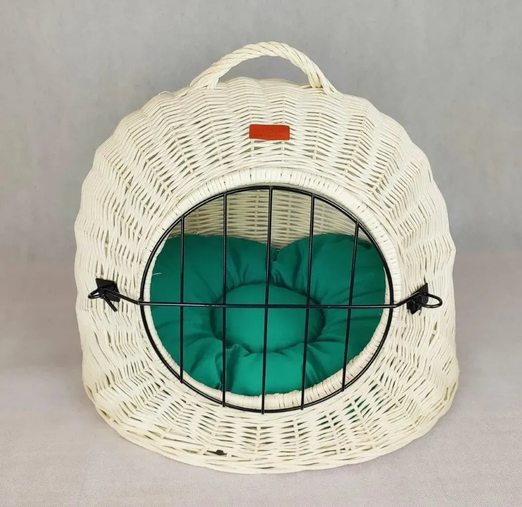 White wicker cat carrier