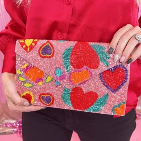 Wing heart beaded clutch