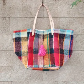 西班牙設計師/Woven Cotton Tote Bag - Pink/Orange Tassel