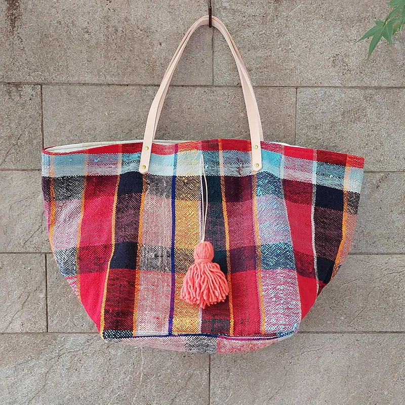 西班牙設計師/Woven Cotton Tote Bag - Pink/Orange Tassel